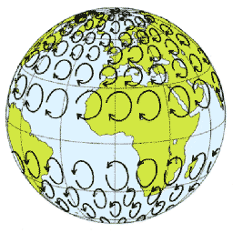 Illustration of the Earth with circles showing the Coriolis deflection to the right in the Northern Hemisphere and to the left in the Southern Hemisphere.