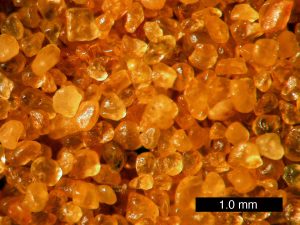 Source: Photo by Mark A. Wilson and released into the Public domain. Windblown sand grains showing rounding and frosted surfaces due to transport b wind.