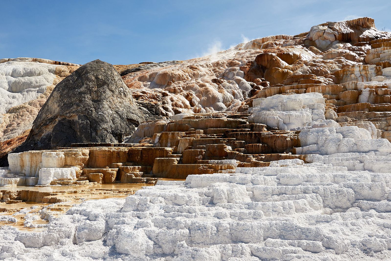 The white and brown natural steps show the formation of travertine.