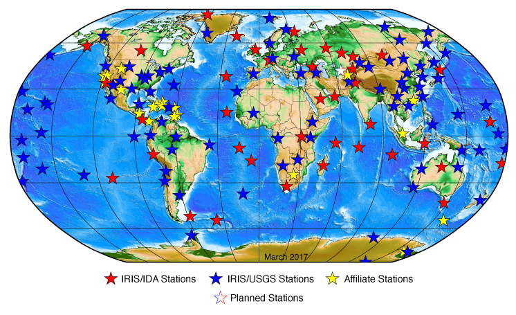 World map of a global network of seismic stations. The map shows that seismic stations are widespread and there are many on every continent.