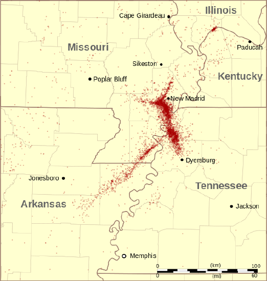 Map showing concentration of earthquakes near the border of Missouri, Kentucky, Tennessee, and Illinois