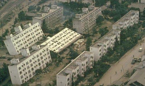 Buildings toppled from liquefaction during a 7.5 magnitude earthquake in Japan.