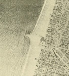 A tombolo formed behind the breakwater at Venice, CA