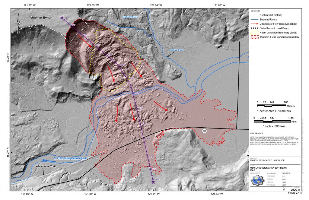 Shaded releif map showing size of slide, flow direction arrows, home covered, and distinct scarp.