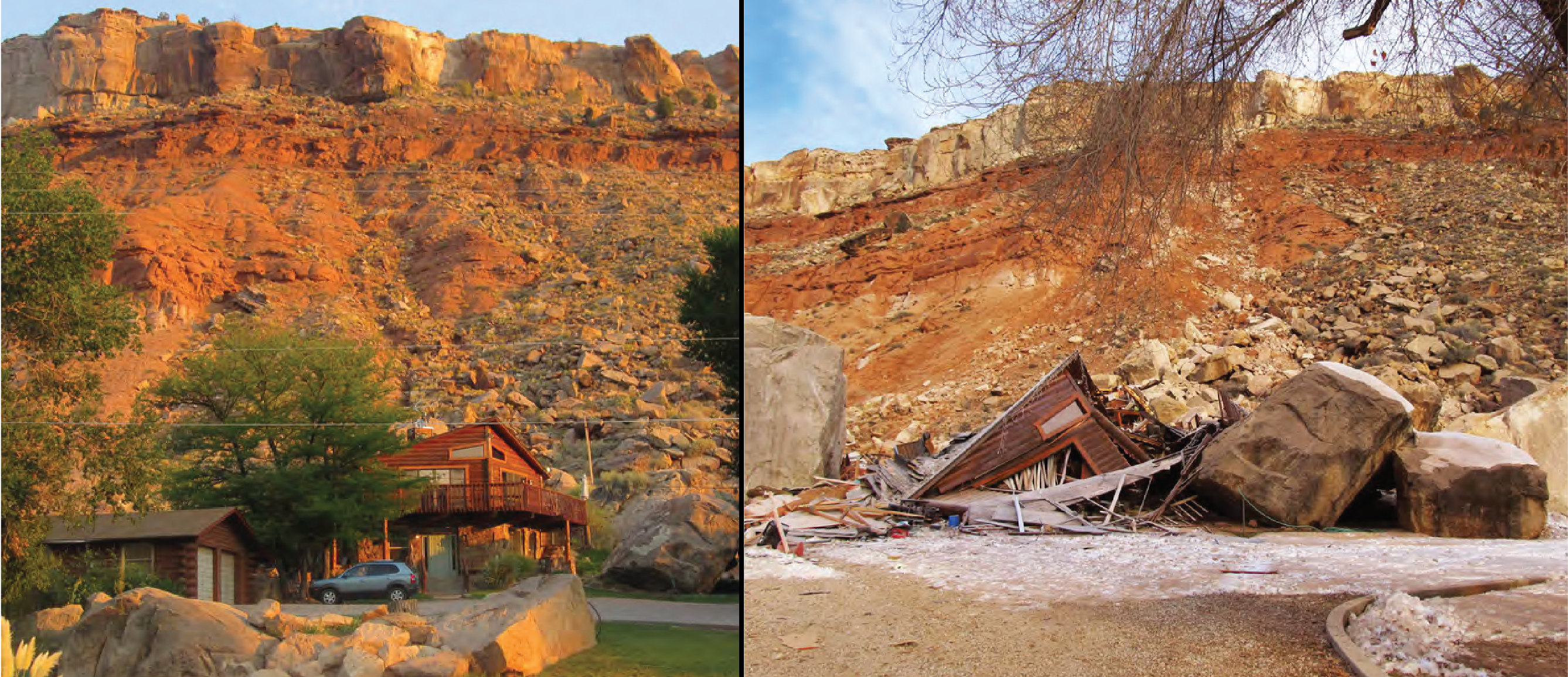 House before and after destruction from 2013 Rockville rockfall.