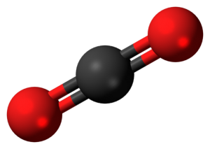 Carbon dioxide molecule with a carbon ion in the center and two oxygen ions on either side, each sharing two electrons with the carbon.