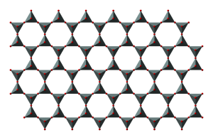 Continuous sheets of tetradedra with all three base corners bonded to each other; the top corner active to bond with anions