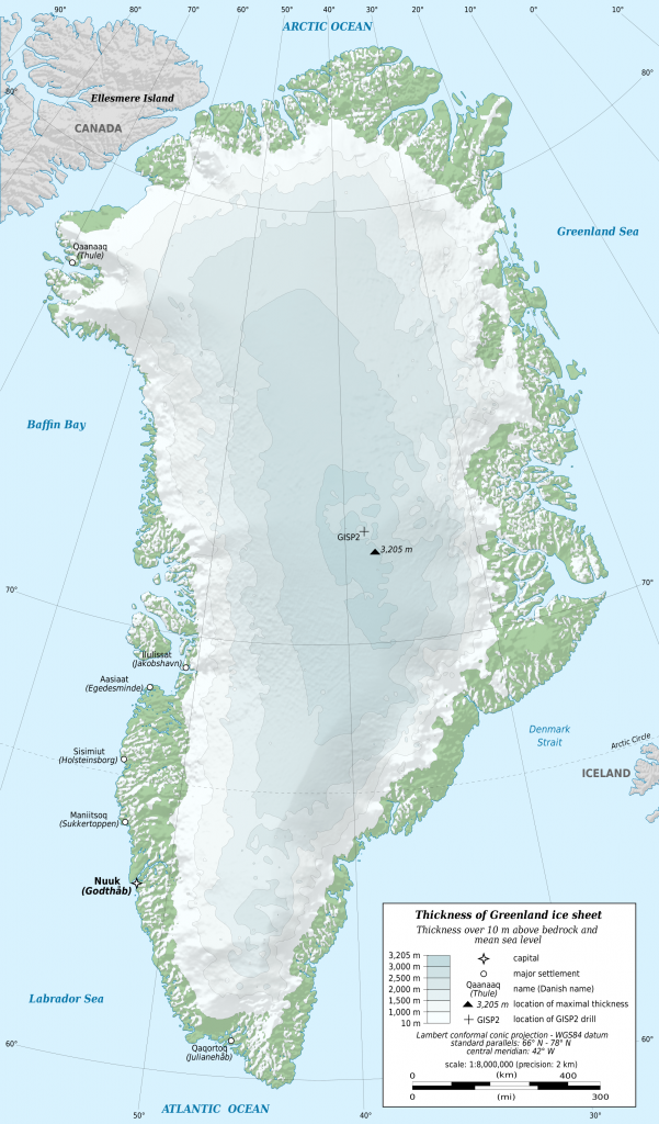 Map showing maximum thickness of Greenland ice sheet around 3000 meters.