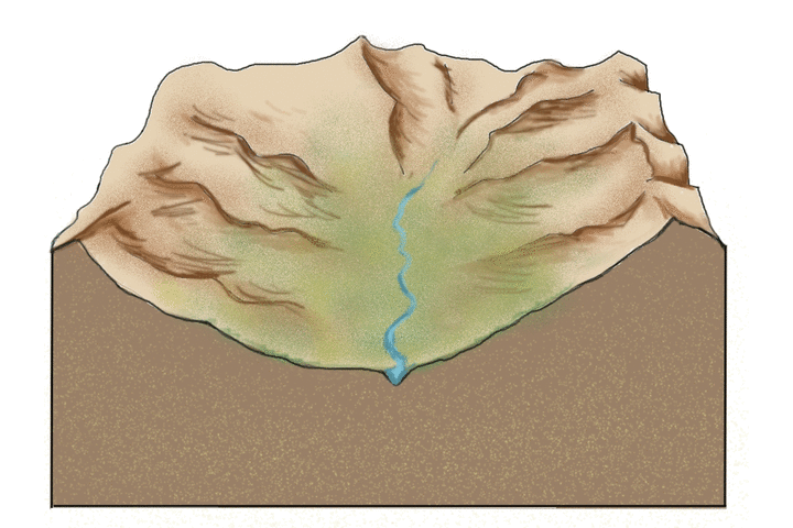 Animación de imagen que muestra el hielo moviéndose a través de valles en forma de V para hacer valles en forma