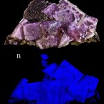 Purplish crystals of fluorite. The second image shows the deep blue fluorescence of fluorite under ultraviolet light.