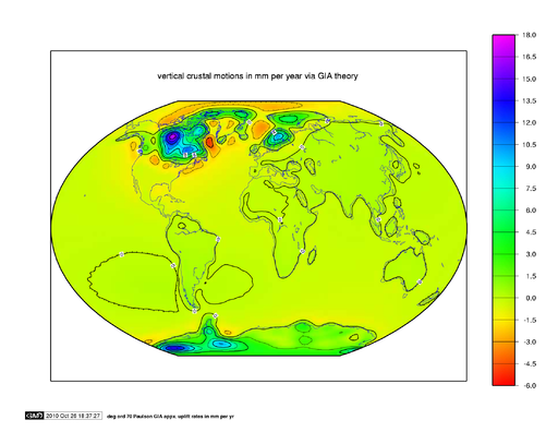 World map showing greatest rebound rates in the areas of recent glaciation.