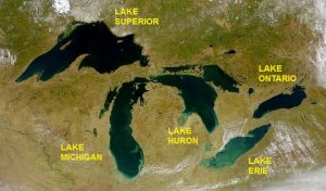 The five grteat lakes occupy basins left by the ice sheet in the Ice Age.