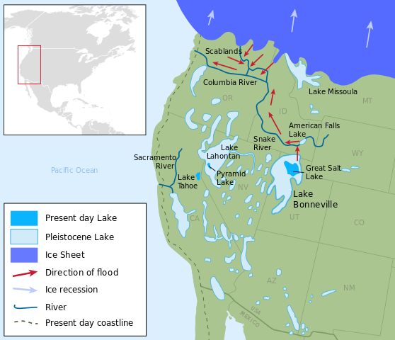 Map of the western United States during the Pleistocene showing several large lakes, one of the more notable is Lake Bonneville, which drained northwest to the Pacific ocean.