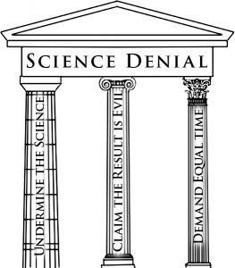 Shows three pillars labeled "Undermine the Science", "Claim the Result is Evil", and "Demand Equal Time".