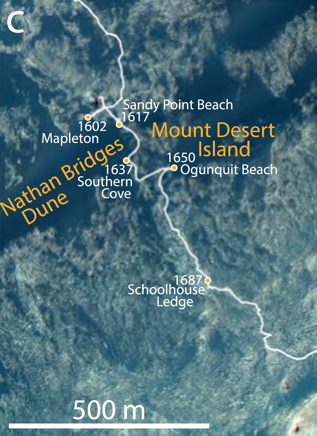 Satellite image with the rover path and dune names marked.