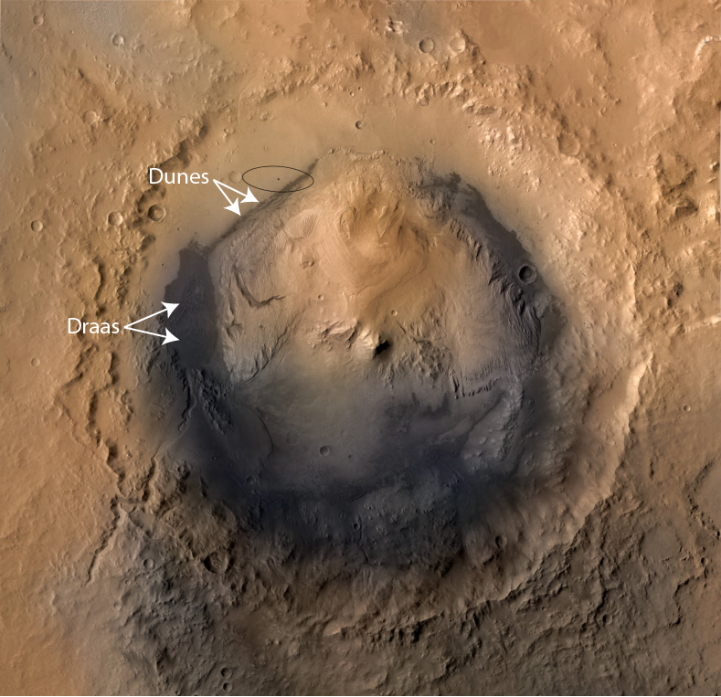 Satellite image of Gale Crater with eolian landforms labeled