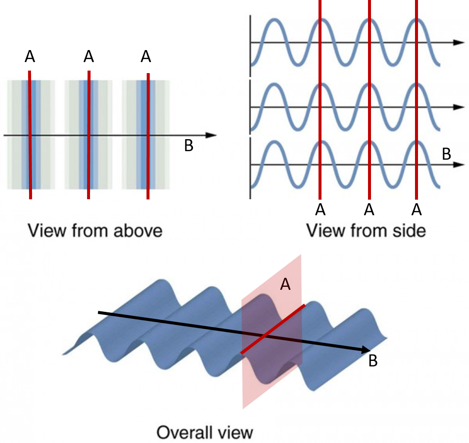 Figure 2.3.7. A transverse wave, such as an electromagnetic wave like light, can be viewed from above, from the side, or in three dimensions.