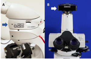 Figure 2.4.16. Digital cameras attached to two different polarizing light microscopes. In a), the camera is attached between the stage and oculars. In b), the camera is attached to the top of the microscope.