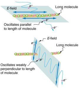 Figure 2.3.16. Artist’s conception of an electron in a long molecule oscillating parallel to the molecule. The oscillation of the electron absorbs energy and reduces the intensity of the component of the EM wave that is parallel to the molecule.