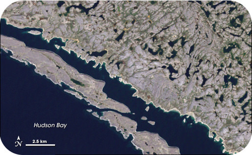 Satellite image of ancient greenstone exposed by glaciers on the Canadian Shield