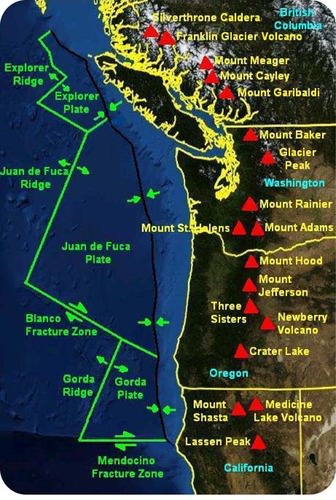 Map of volcanoes on the Cascade Range