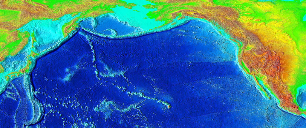 The trail of underwater mountains created as the tectonic plate moved across the Hawaii hotspot over millions of years, known as the Hawaiian-Emperor seamount chain, or the Emperor Seamounts.