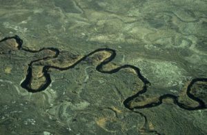 An aerial view of a twisting river