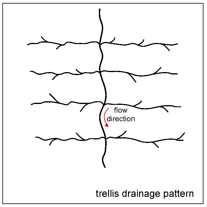 Trellis drainage pattern. As the water flows down, it branches off at near perpendicular angles in multiple places. These branch offs splinter a little, but not as much as in dendritic patterns.