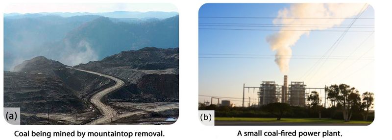 Two images: One is a coal mine being mined by mountaintop removal. The other is a small coal-fired power plant, with a plume of smoke coming from the top.